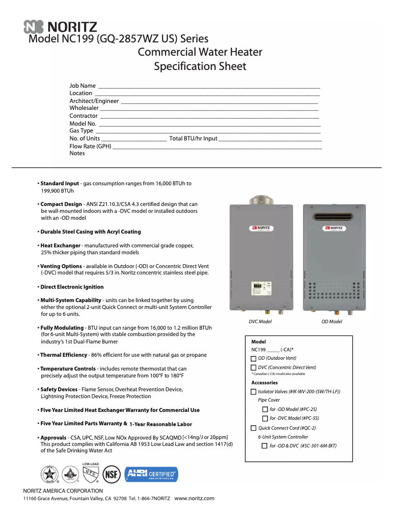 Page 1 de la notice Fiche technique Noritz NC199OD