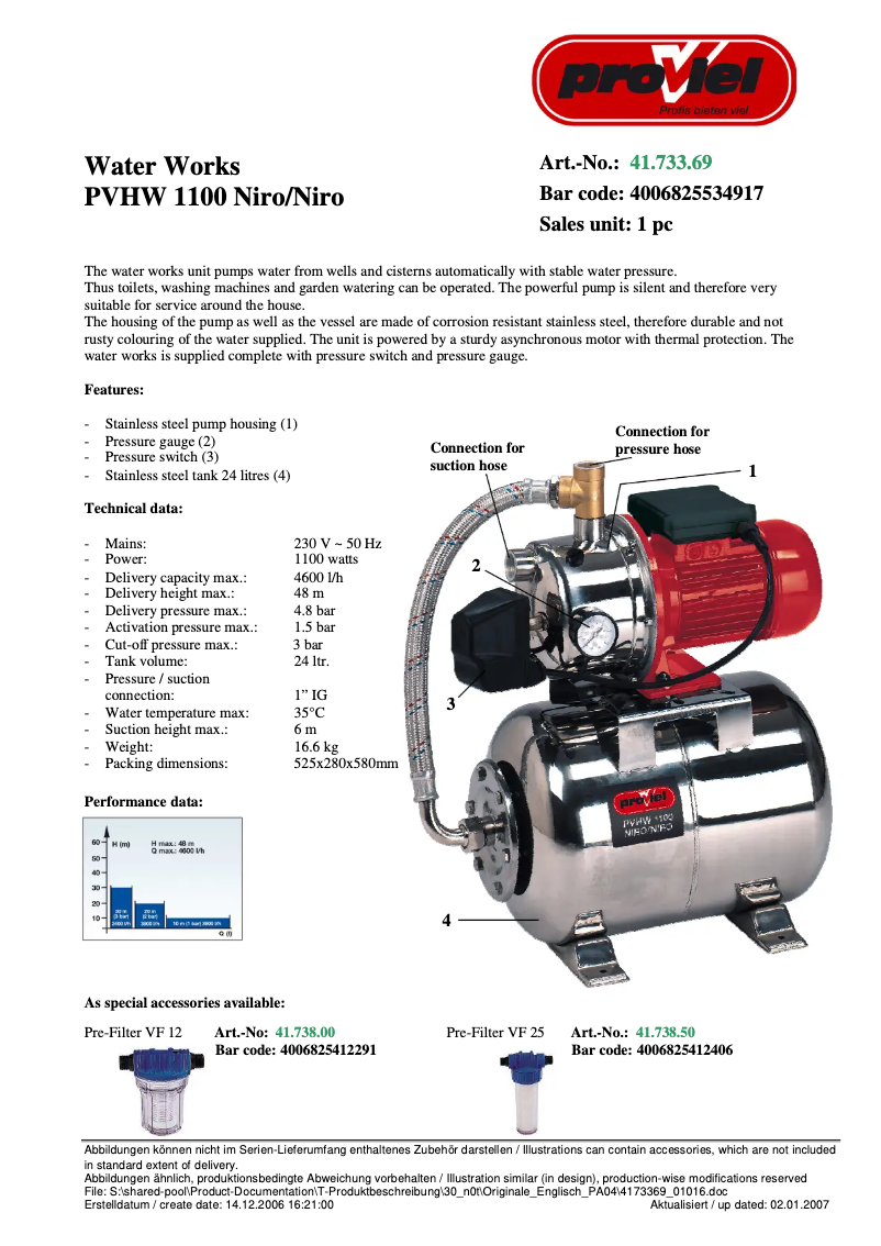 Page 1 de la notice Manuel utilisateur Proviel PVHW 1100 Niro/Niro