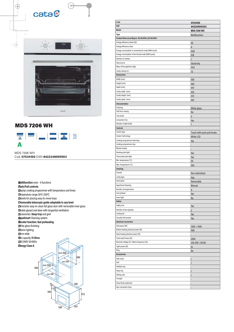 Page 1 de la notice Fiche technique CATA MDS 7206 WH