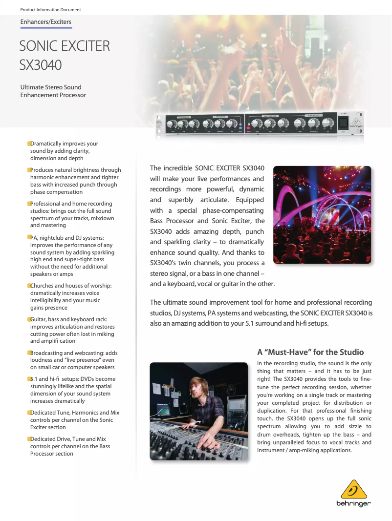 Page 1 de la notice Fiche technique Behringer Sonic Exciter SX3040
