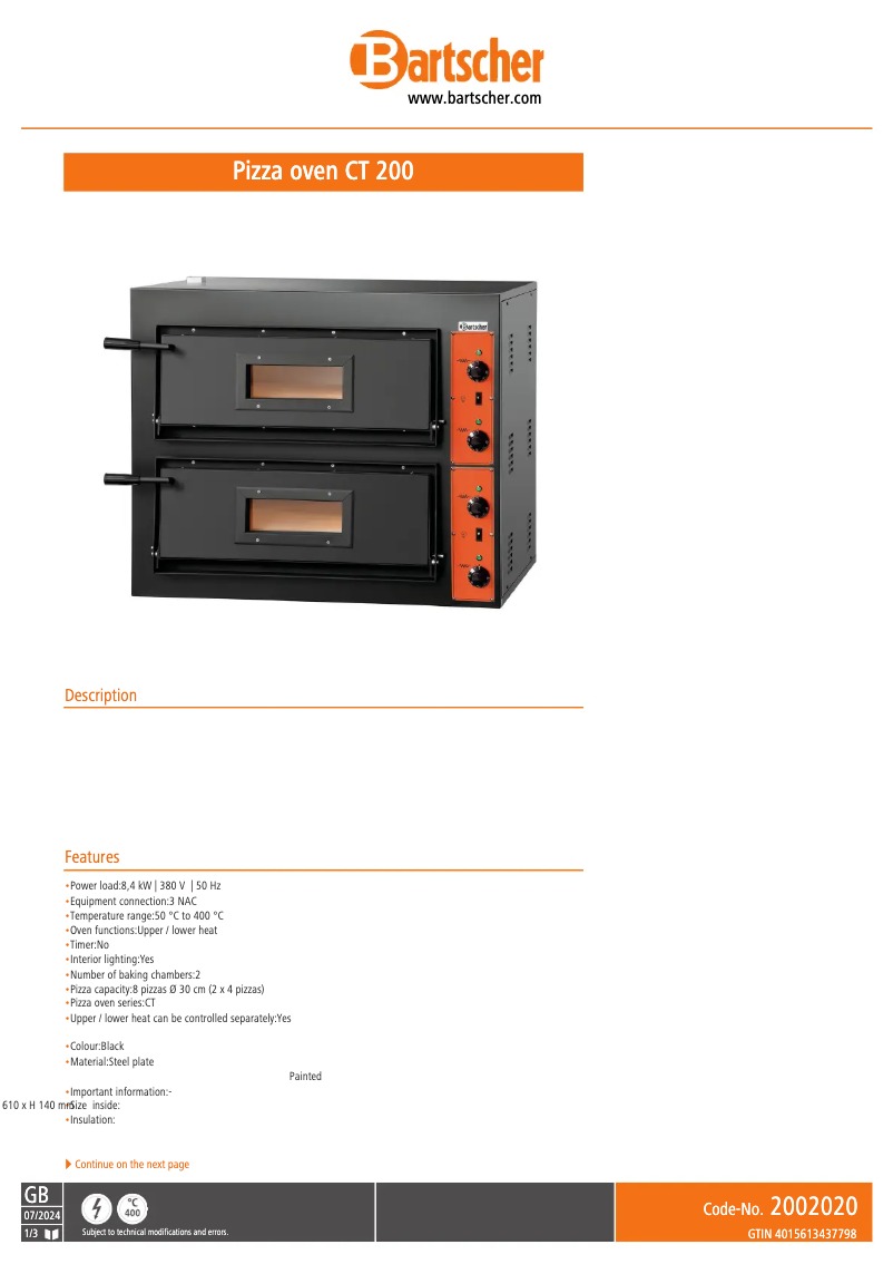 Page n°1 - Fiche technique Bartscher CT 200