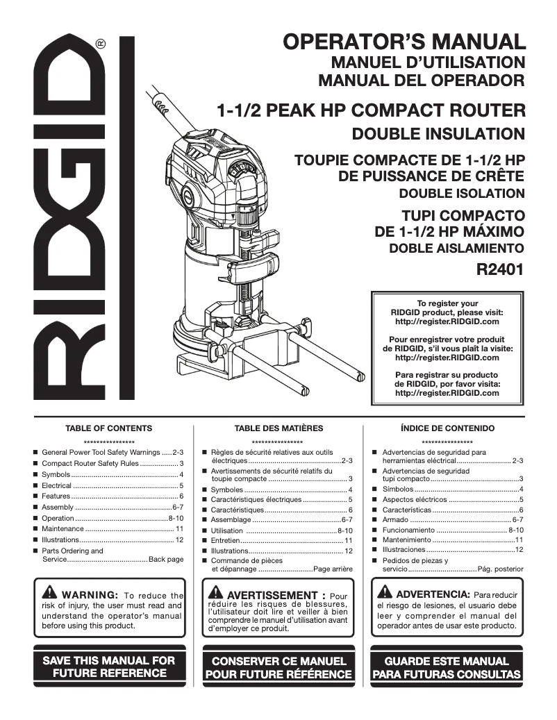Page 1 de la notice Manuel utilisateur Ridgid R2401