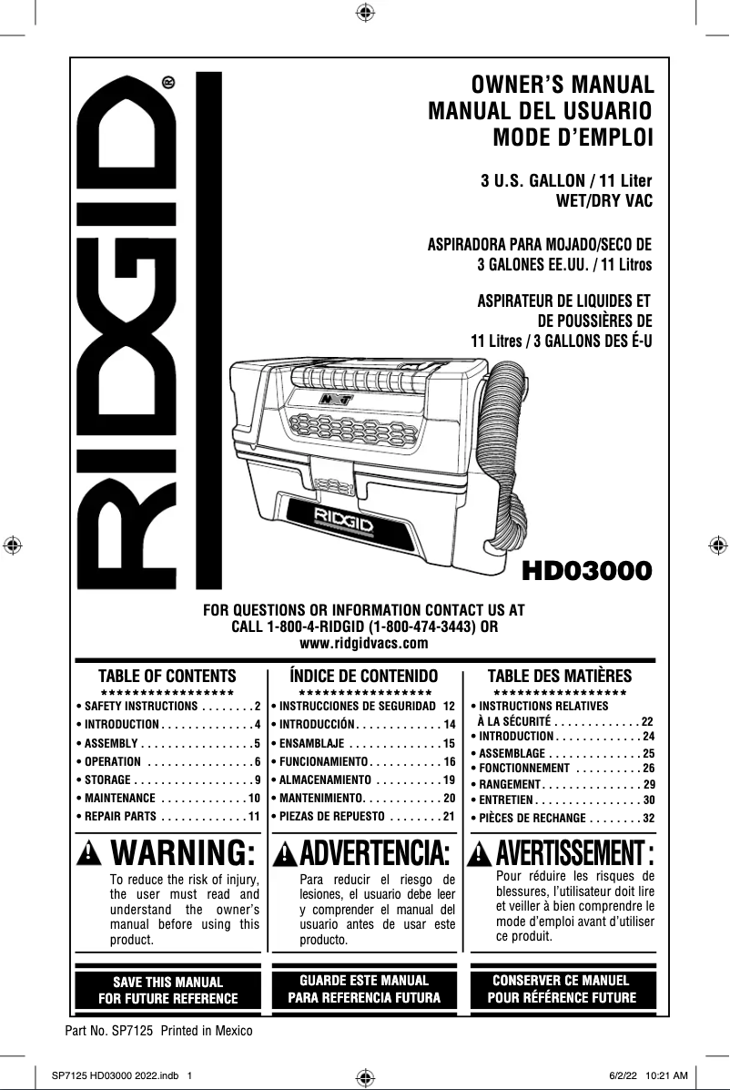 Page n°1 - Manuel utilisateur Ridgid HD03000