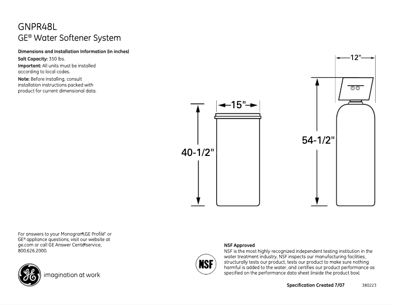 Page n°1 - Fiche technique GE GNPR48L