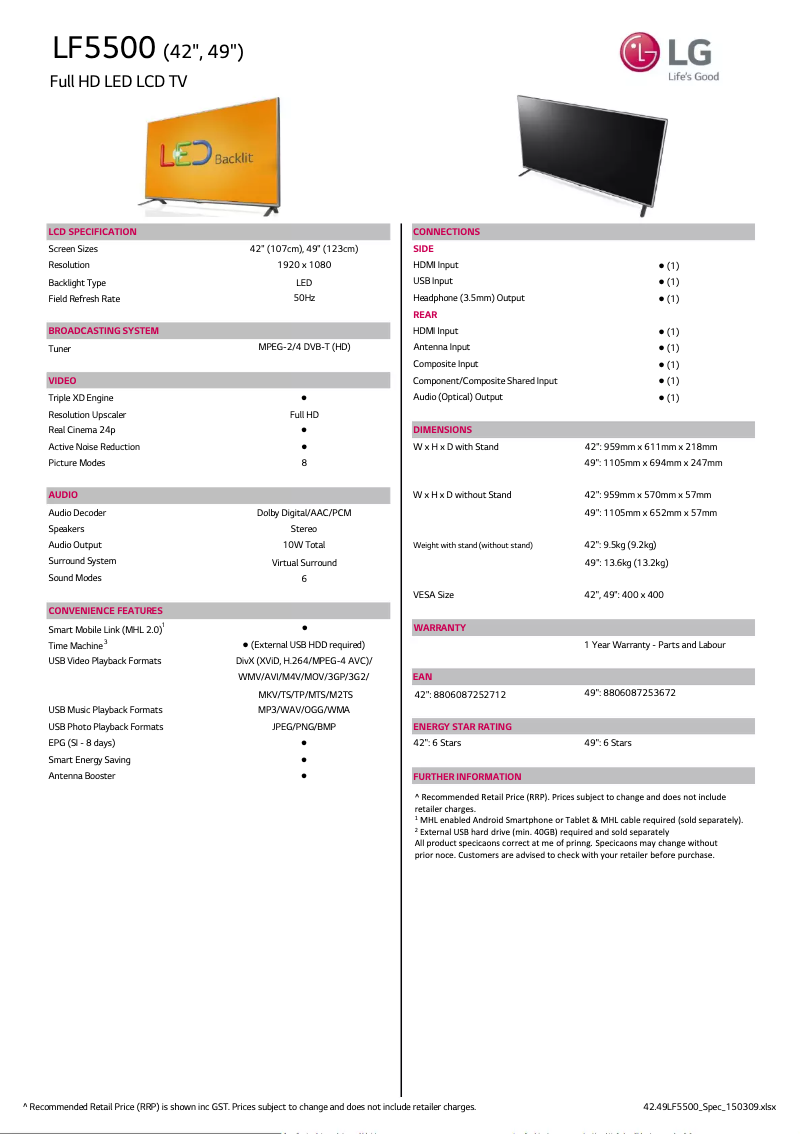 Page n°1 - Fiche technique LG 42LF5500