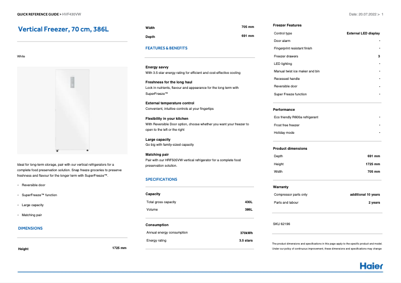 Page n°1 - Informations de garantie Haier HVF430VW
