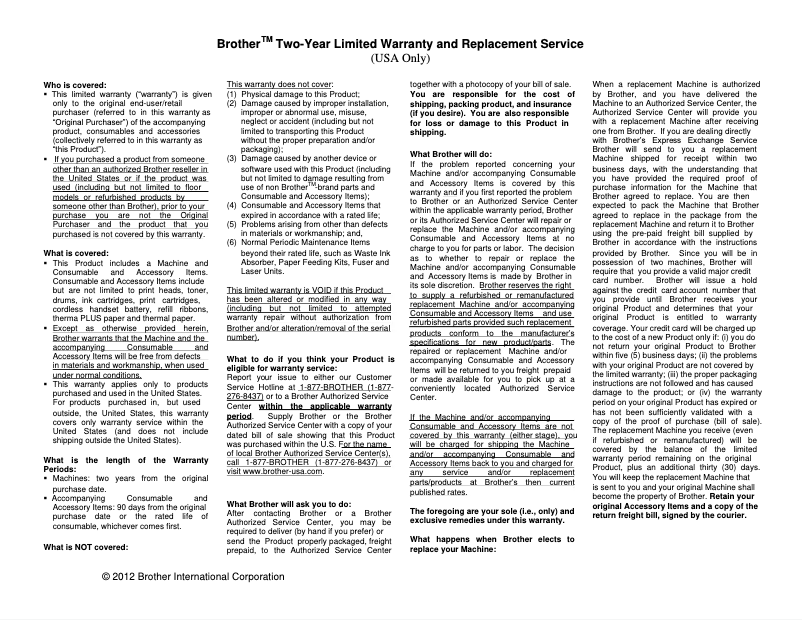 Page 1 de la notice Informations de garantie Brother MFC-J1170DW