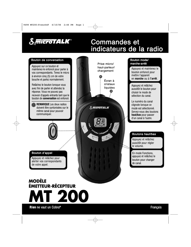 Page 1 de la notice Manuel utilisateur Cobra COBRA-MT200C