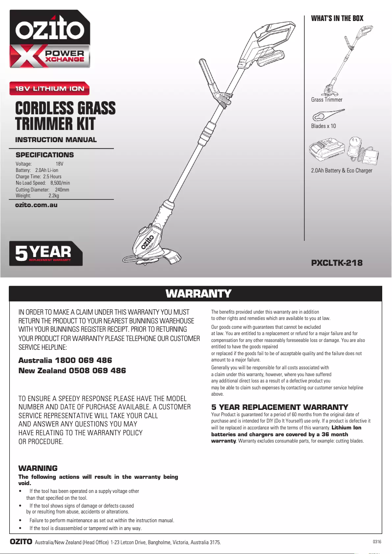 Image de la première page du manuel de l'appareil PXCLTK-218