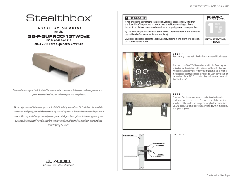 Page 1 de la notice Manuel utilisateur JL Audio Stealthbox SB-F-SUPRCC/13TW5v2/BK