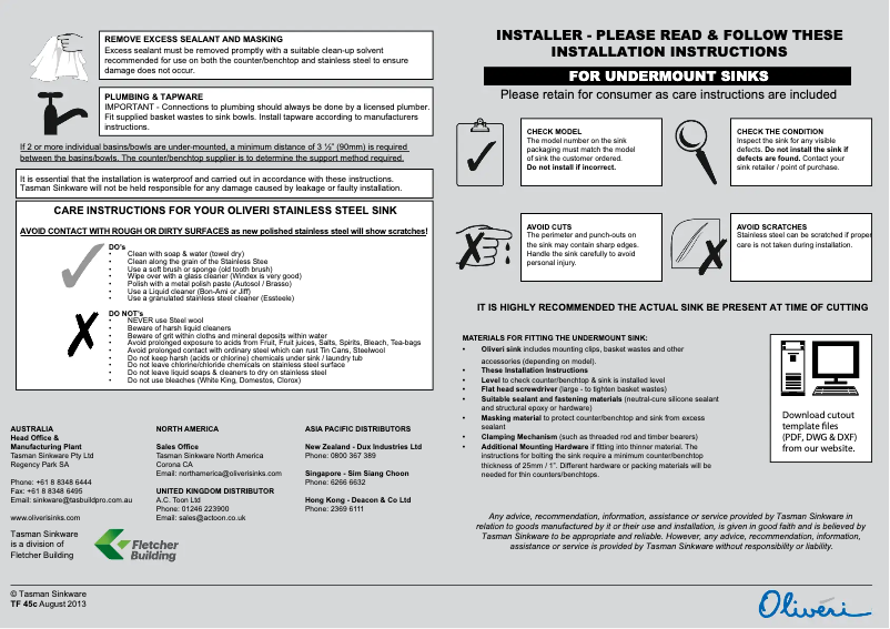 Page n°1 - Guide d'installation Oliveri PR1130U