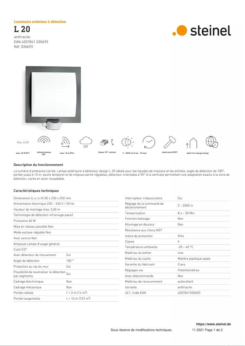 Page n°1 - Fiche technique Steinel L 20