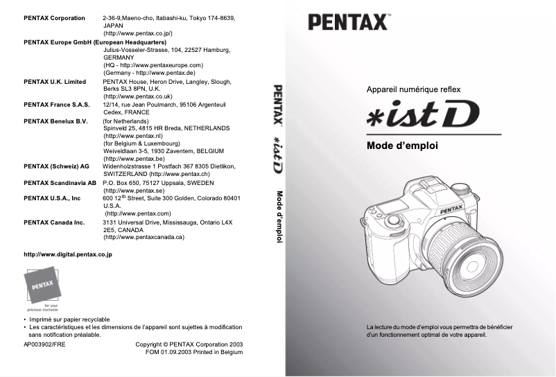 Page 1 de la notice Manuel utilisateur Pentax istD