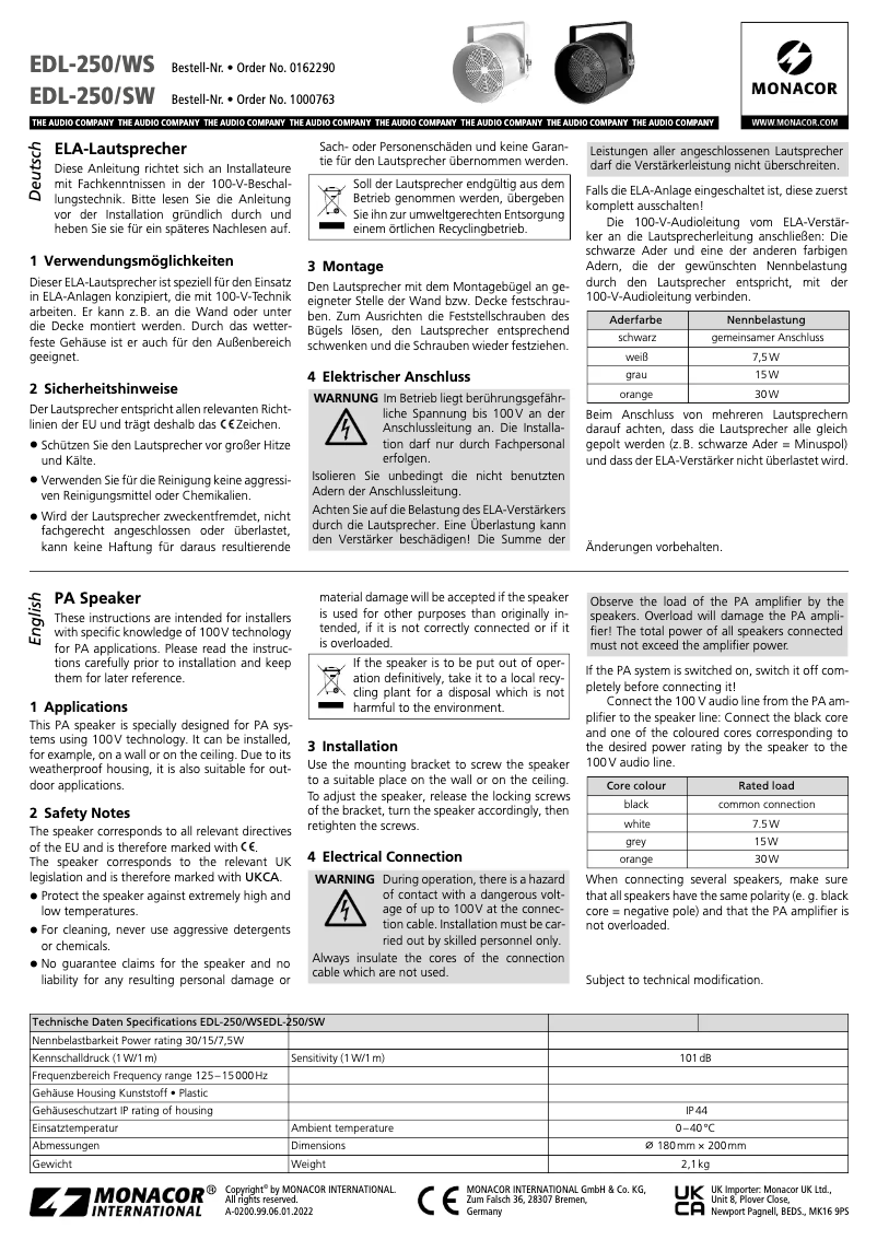 Page n°1 - Manuel utilisateur Monacor EDL-250/WS
