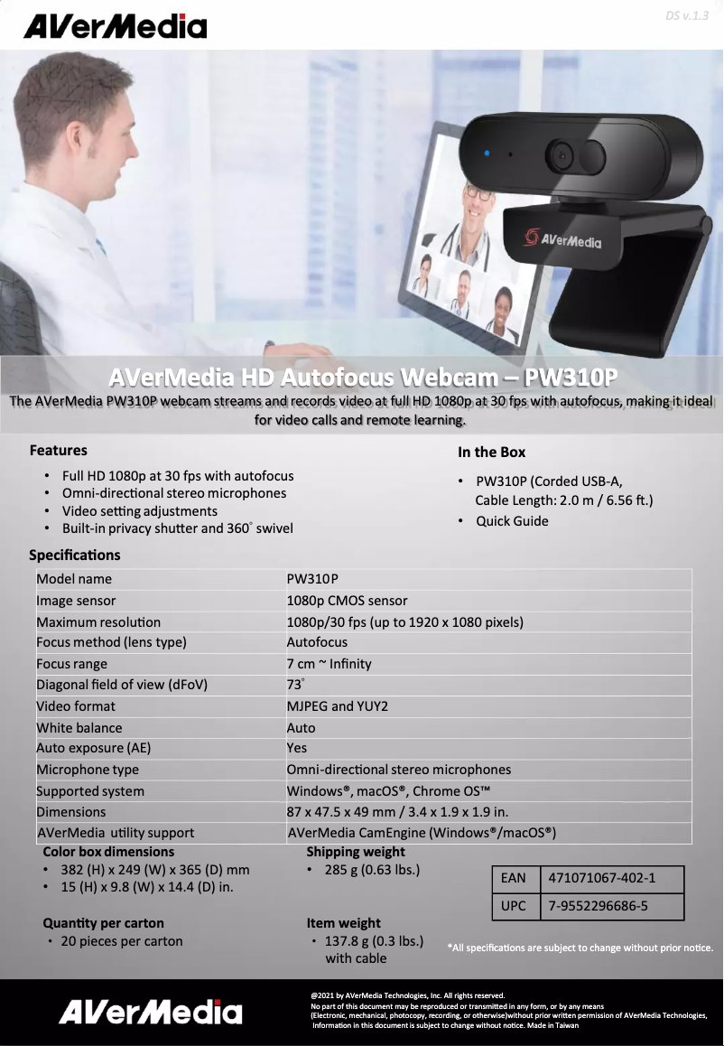 Page n°1 - Fiche technique AVerMedia PW310P
