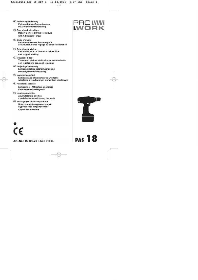 Page 1 de la notice Manuel utilisateur Prowork PAS 18