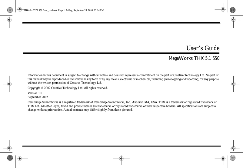 Page 1 de la notice Manuel utilisateur Creative MegaWorks THX 5.1 550