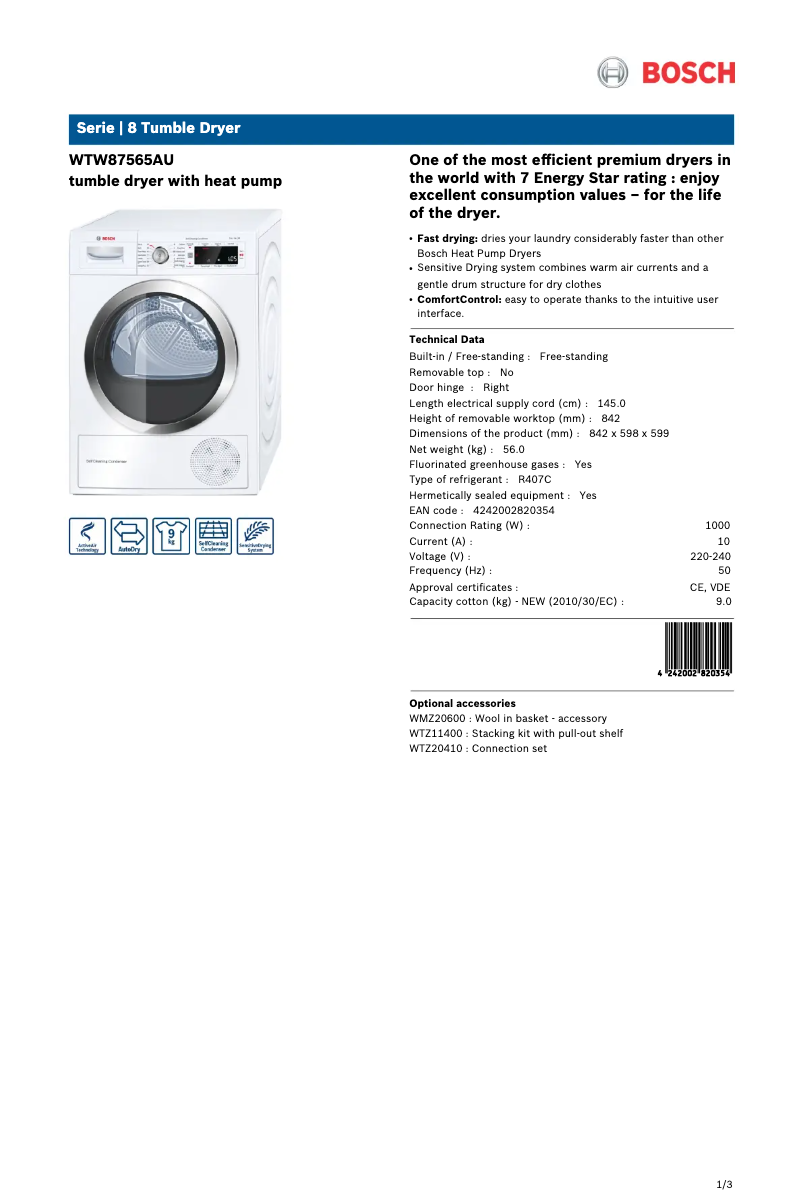 Page 1 de la notice Fiche technique Bosch WTW87565AU