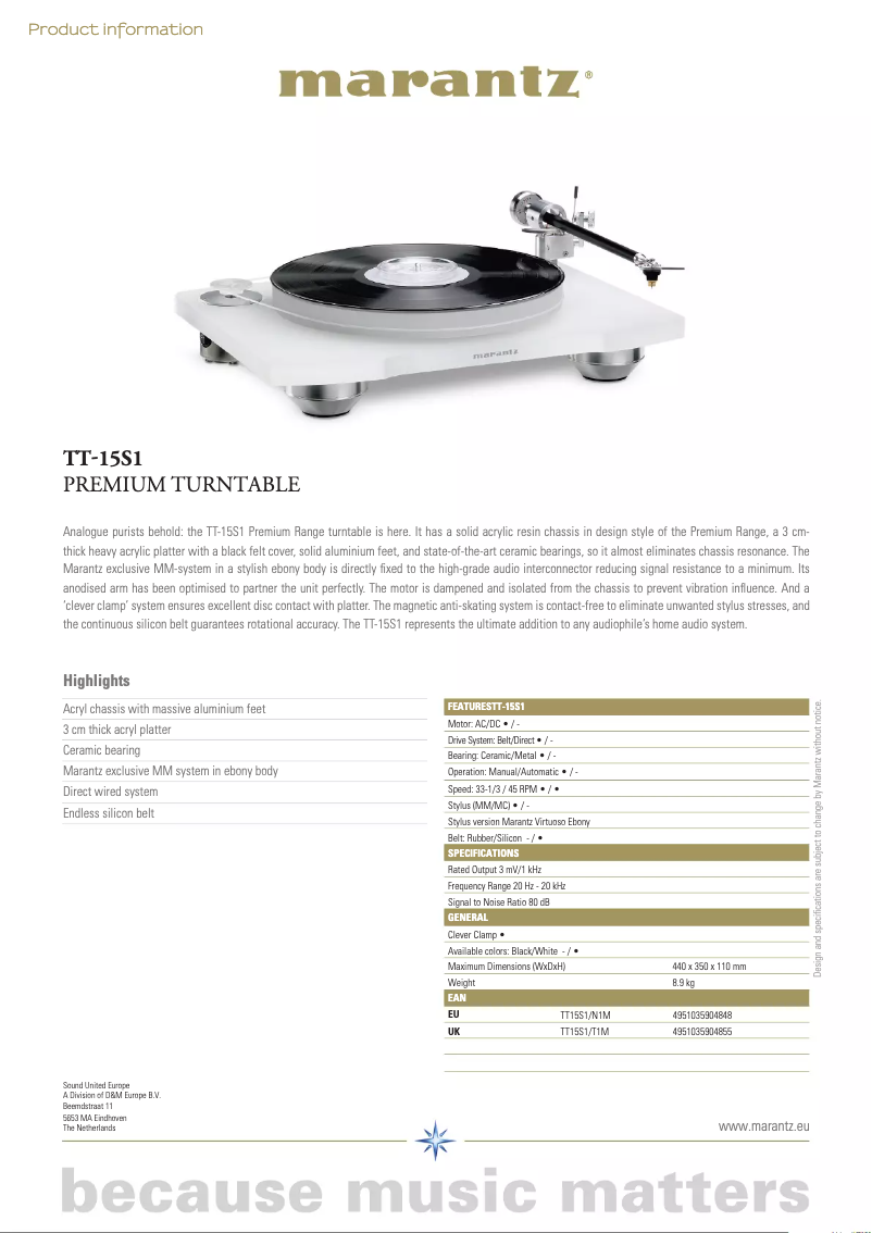 Page n°1 - Fiche technique Marantz TT-15S1