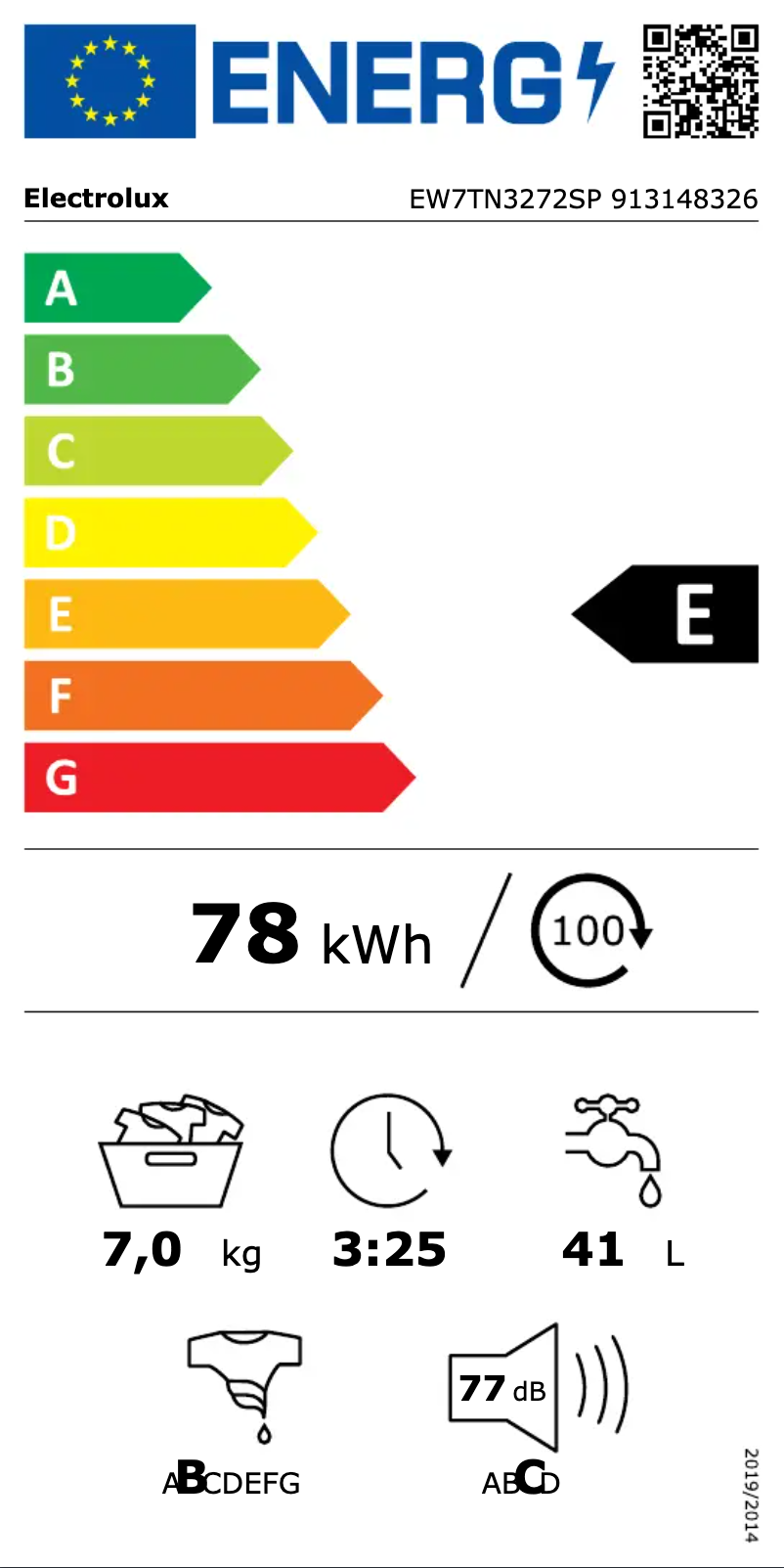 Page n°1 - Label énergétique Electrolux EW7TN3272SP