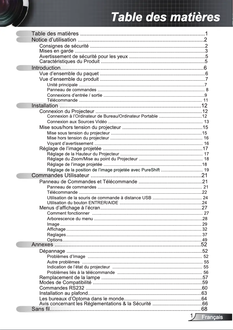Page 1 de la notice Manuel utilisateur Optoma EX765W