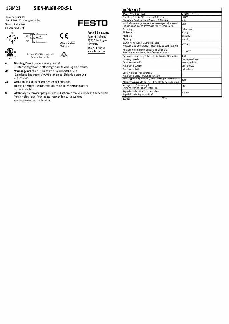 Page 1 de la notice Manuel utilisateur Festo SIEN-M18B-PO-S-L