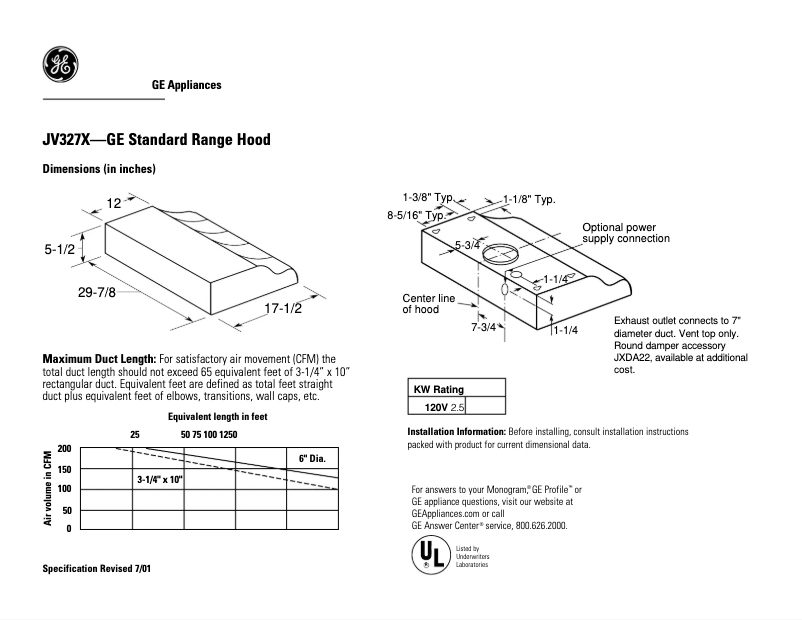 Page 1 de la notice Fiche technique GE JV327XAD