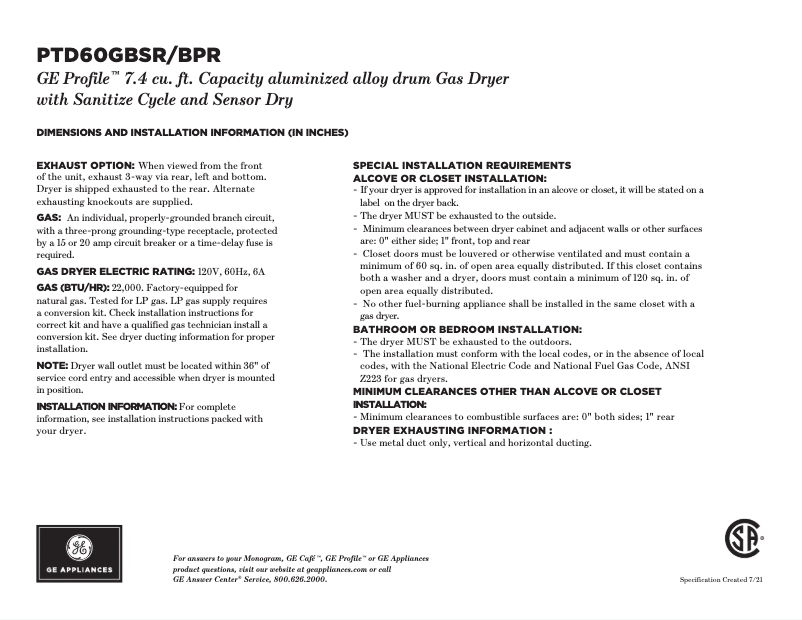 Page n°1 - Fiche technique GE Profile PTD60GBSRWS