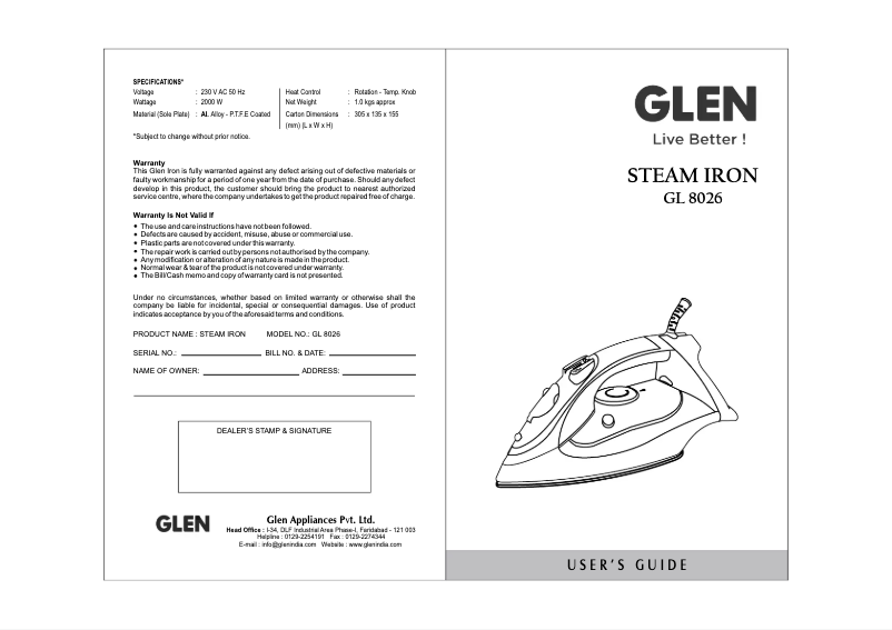 Page n°1 - Manuel utilisateur Glen GL 8026