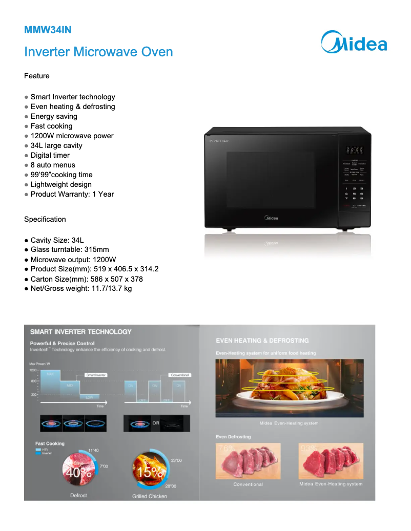 Page 1 de la notice Fiche technique Midea MMW34IN