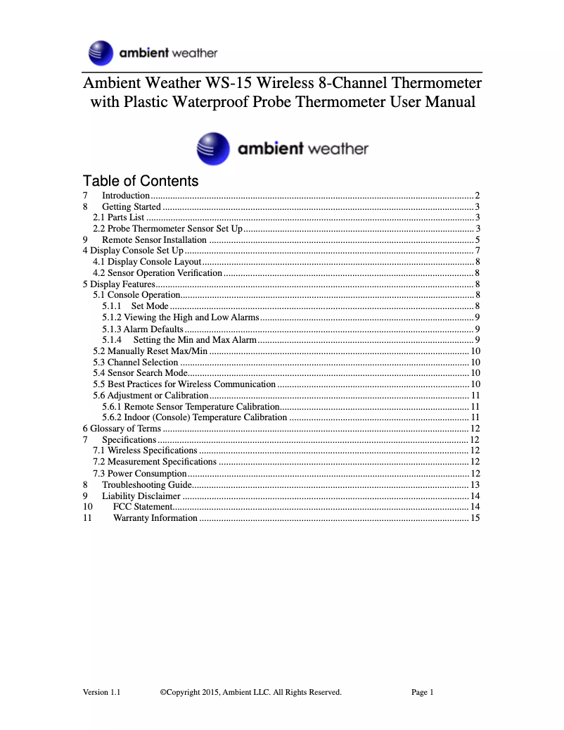 Page 1 de la notice Manuel utilisateur Ambient Weather WS-15