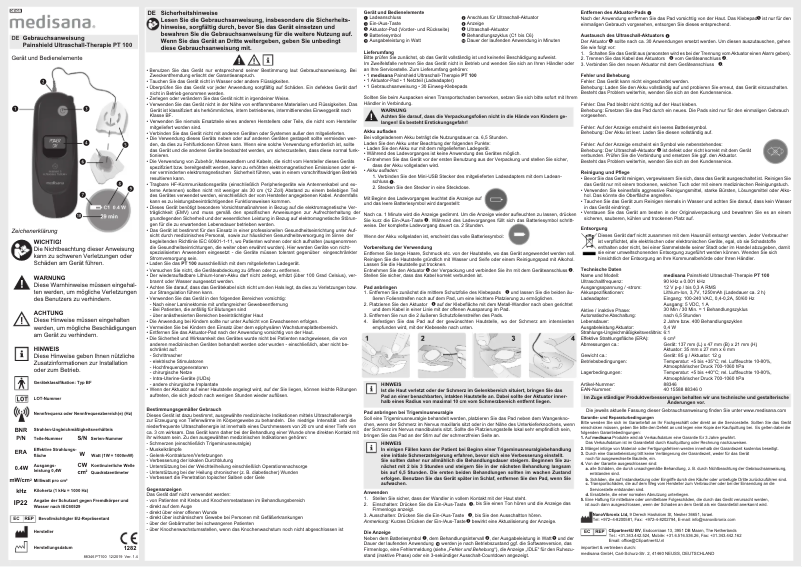 Page 1 de la notice Manuel utilisateur Medisana PT 100