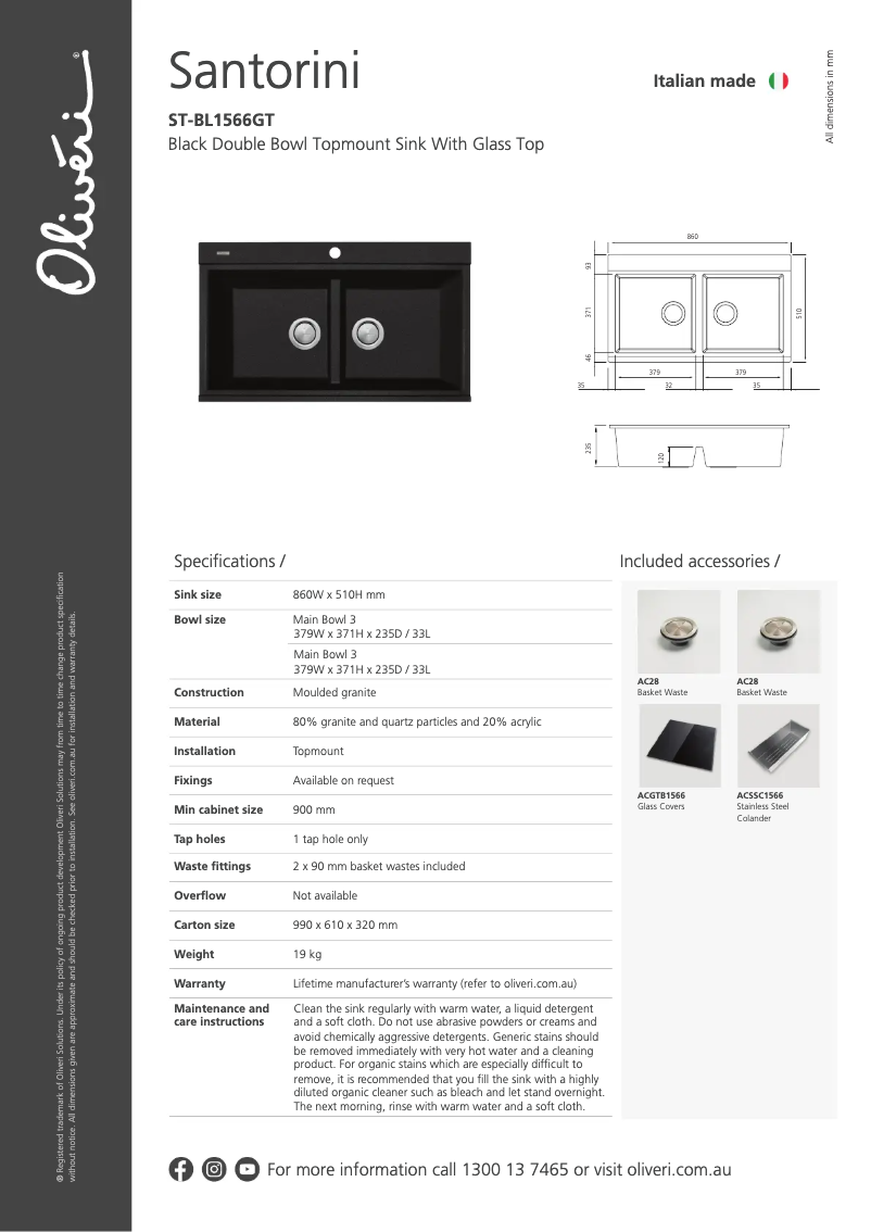 Page 1 de la notice Fiche technique Oliveri ST-BL1566GT