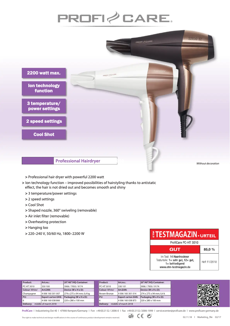 Page 1 de la notice Fiche technique ProfiCare PC-HT 3010