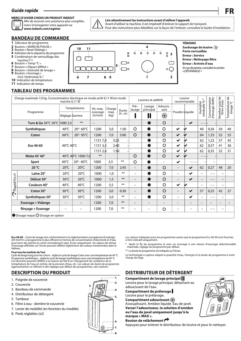 Page 1 de la notice Manuel utilisateur Indesit BBTWB72200FR/N
