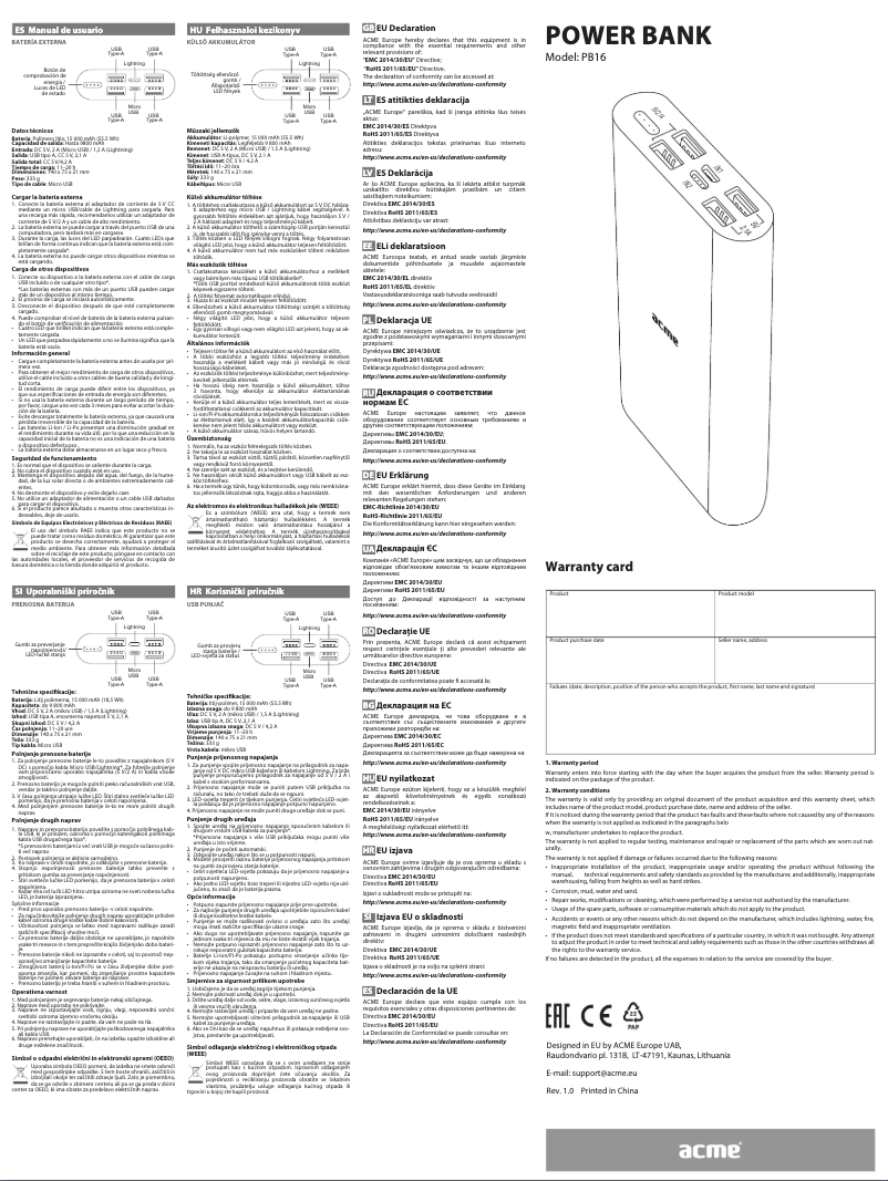 Page 1 de la notice Manuel utilisateur Acme PB16S