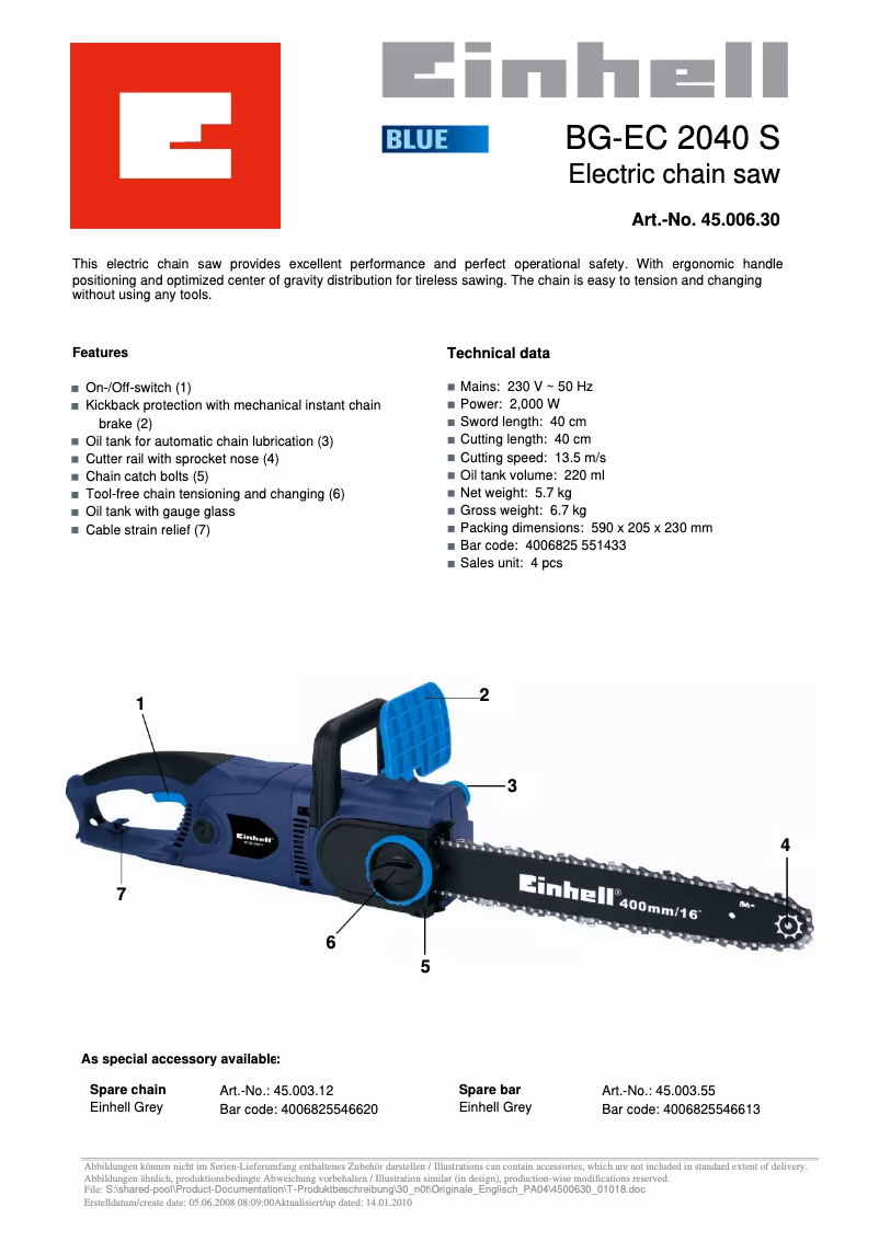 Page 1 de la notice Fiche technique Einhell BG-EC 2040 S