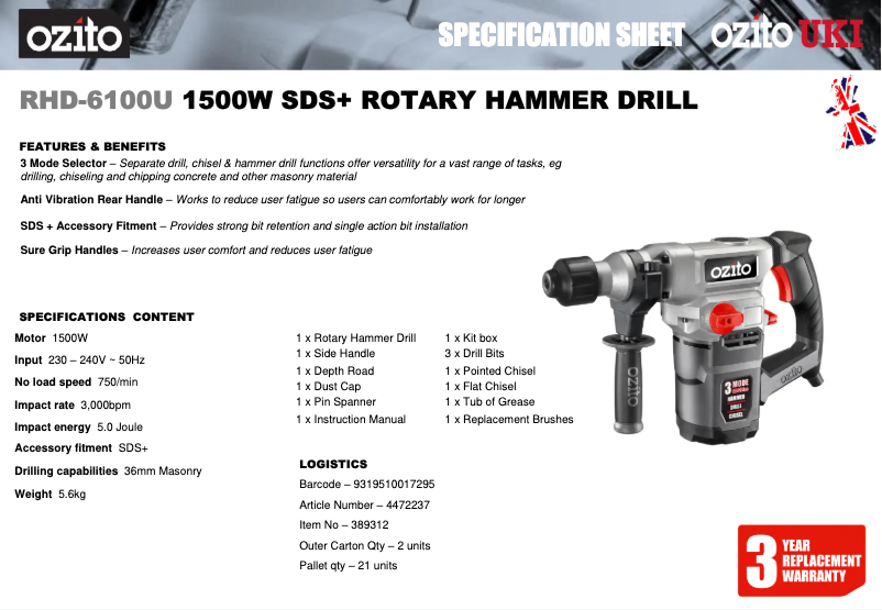 Page 1 de la notice Fiche technique Ozito RHD-6100U