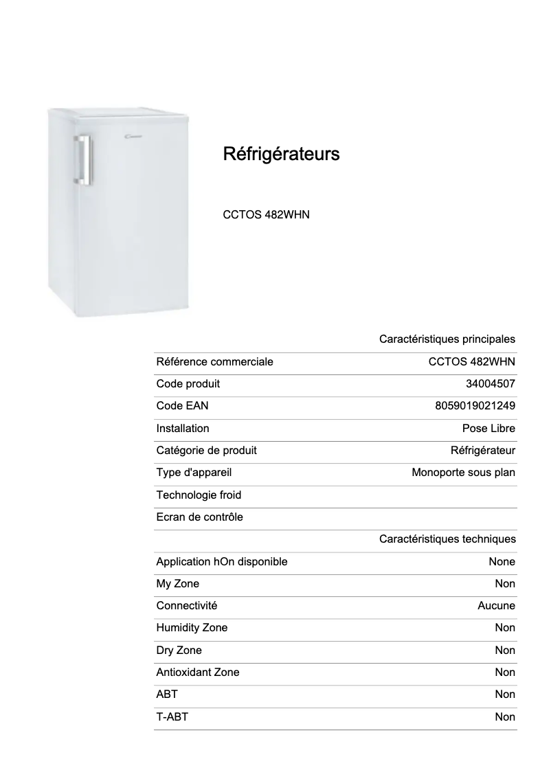 Page 1 de la notice Fiche technique Candy CCTOS 482WHN