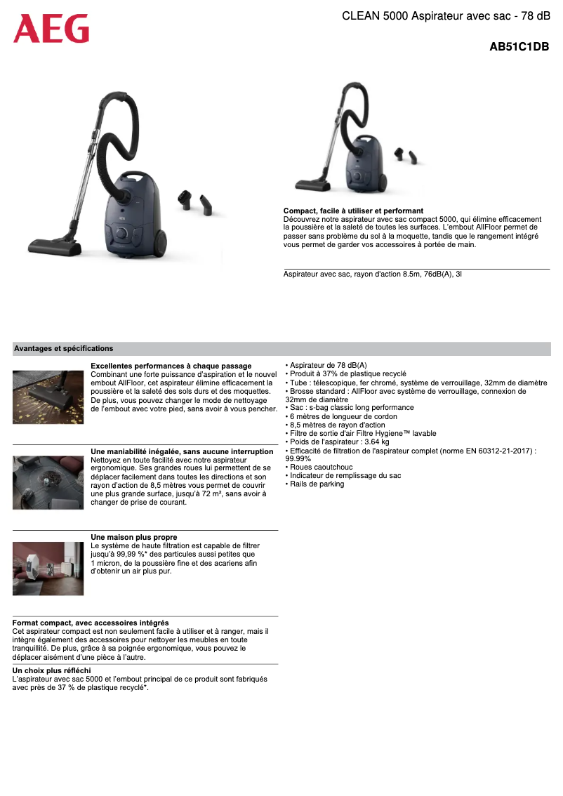 Página 1 del manual Ficha técnica AEG Clean 5000 AB51C1DB