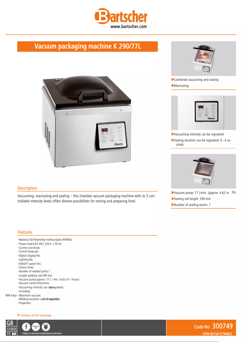 Page 1 de la notice Fiche technique Bartscher K 290/77L