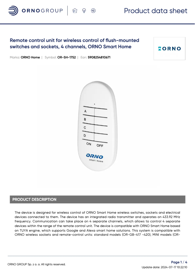 Page 1 de la notice Fiche technique ORNO OR-SH-1752