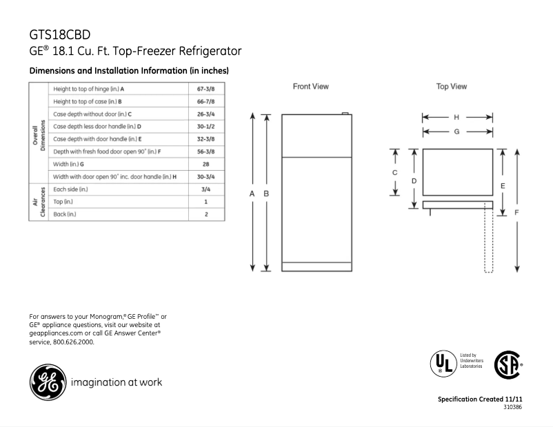 Page n°1 - Fiche technique GE GTS18CBDWW