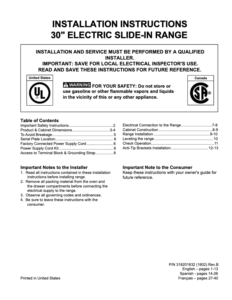 Page 1 de la notice Manuel utilisateur Frigidaire FGES3065PB