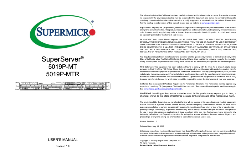 Page 1 de la notice Manuel utilisateur Supermicro SuperServer 5019P-MTR