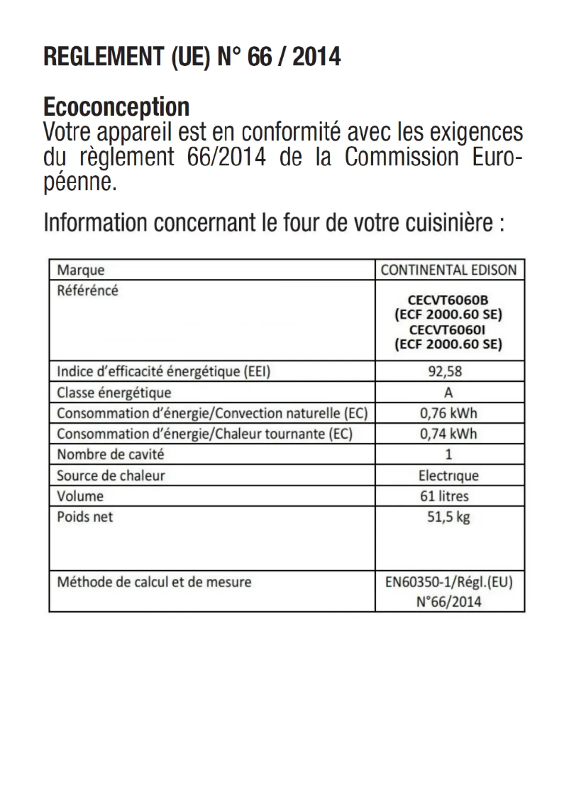 Page 1 de la notice Label énergétique Continental Edison CECVT6060I