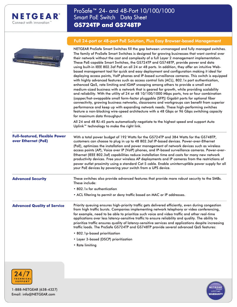 Page 1 of the manual Technical Sheet Netgear GS748TP