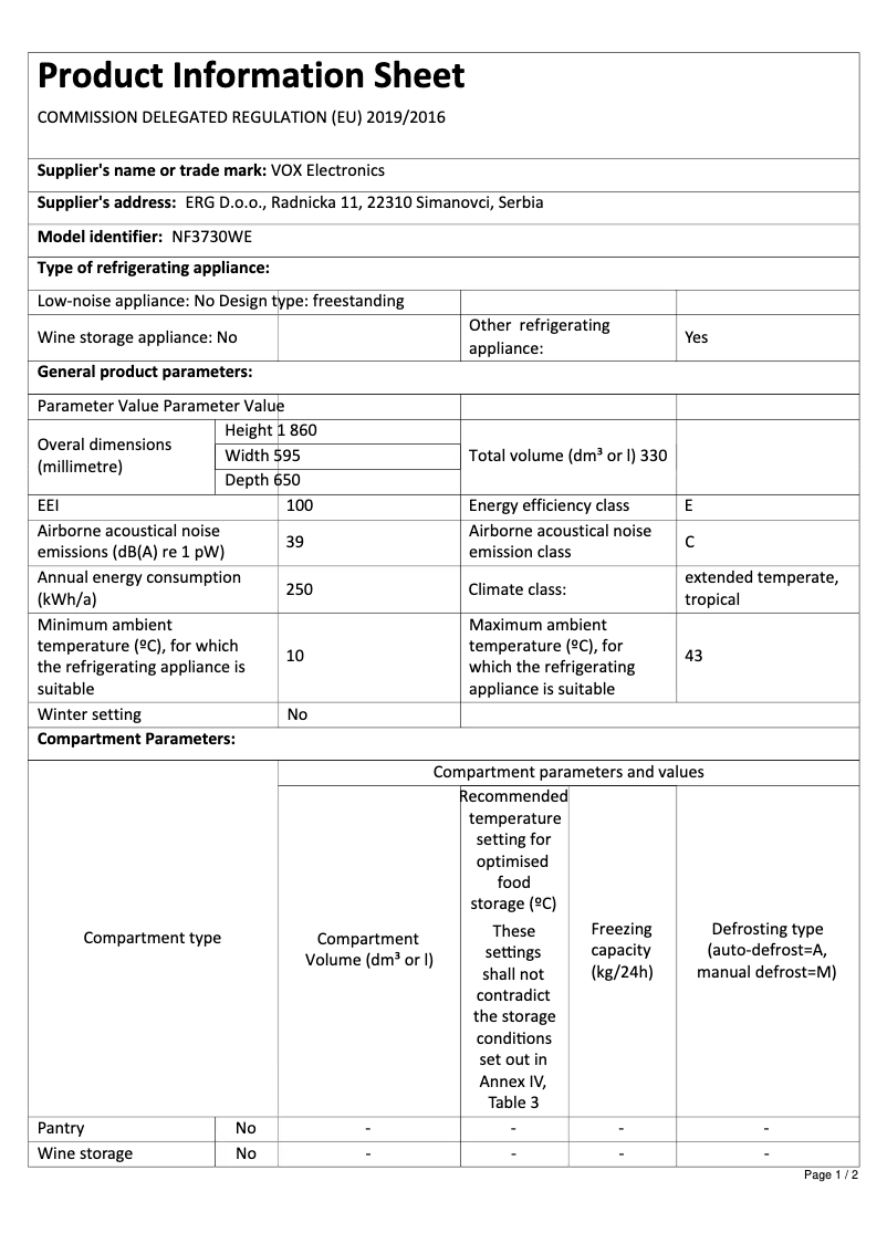 Page 1 de la notice Fiche technique VOX NF 3730 WE