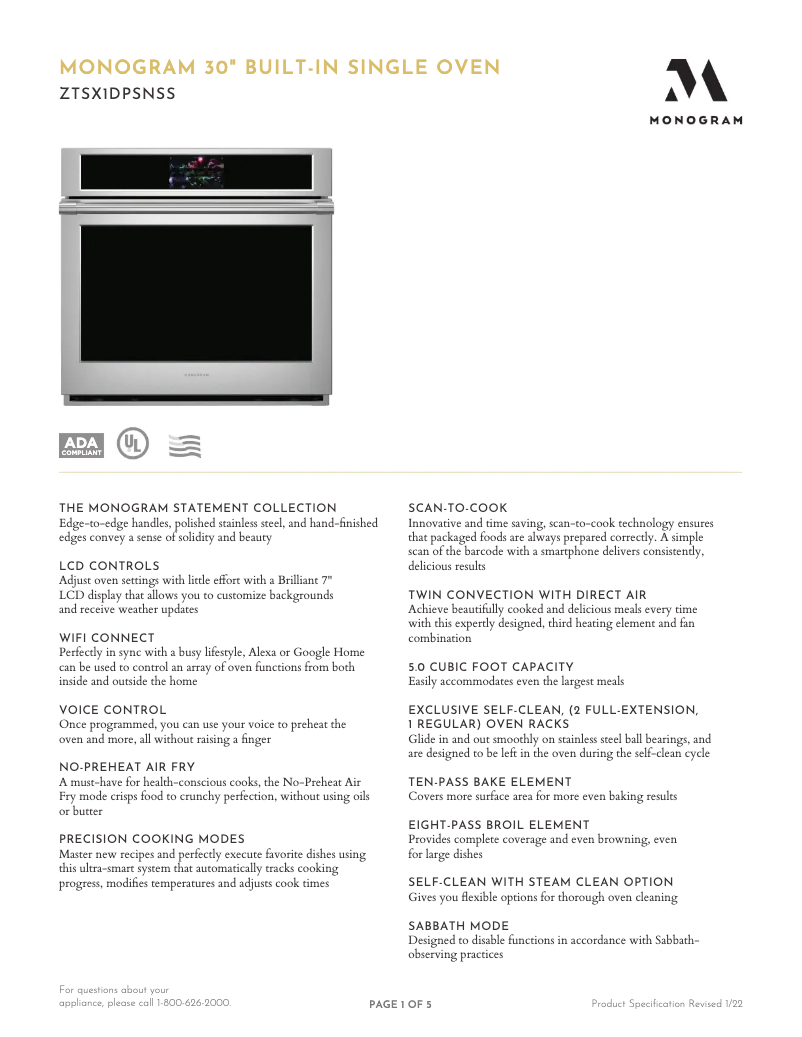 Page 1 de la notice Fiche technique Monogram ZTSX1DPSN