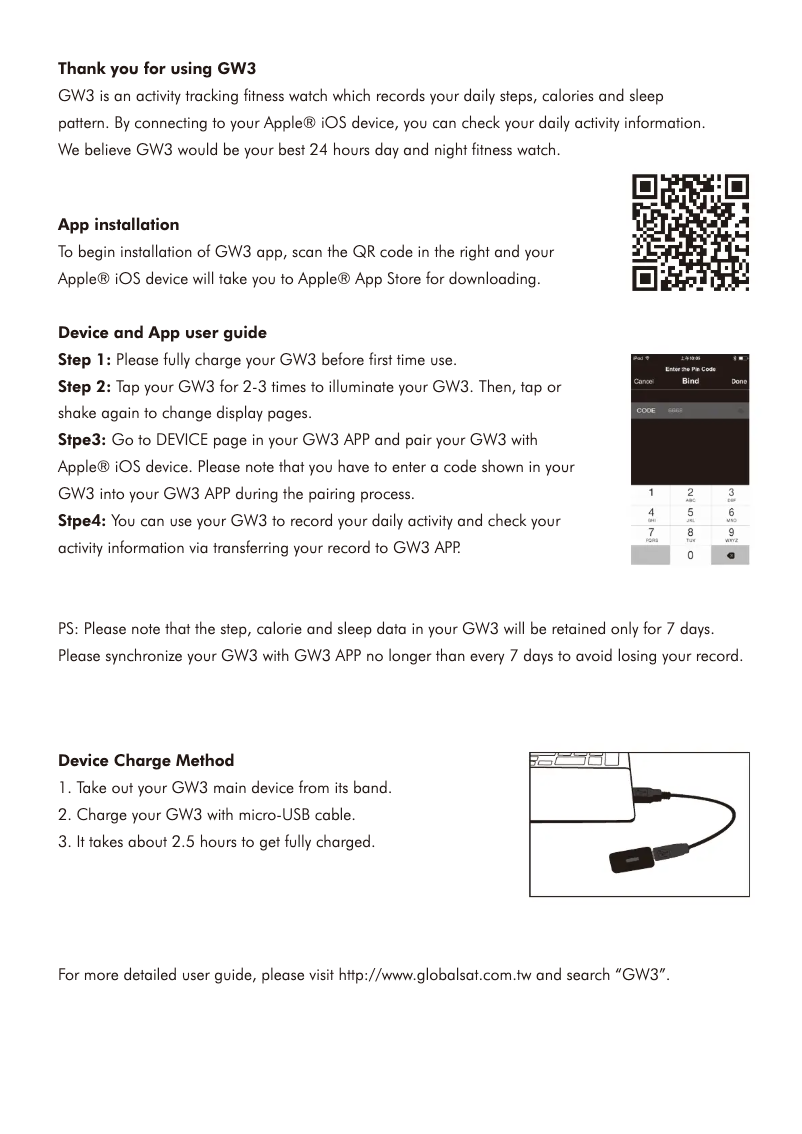 Page n°1 - Guide de démarrage rapide GlobalSat GW-3